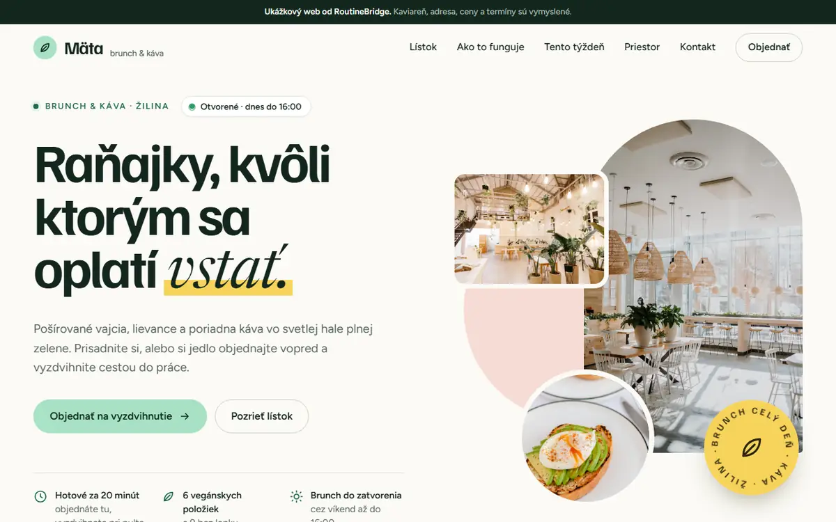 Home screen of the Mäta brunch a káva demo website