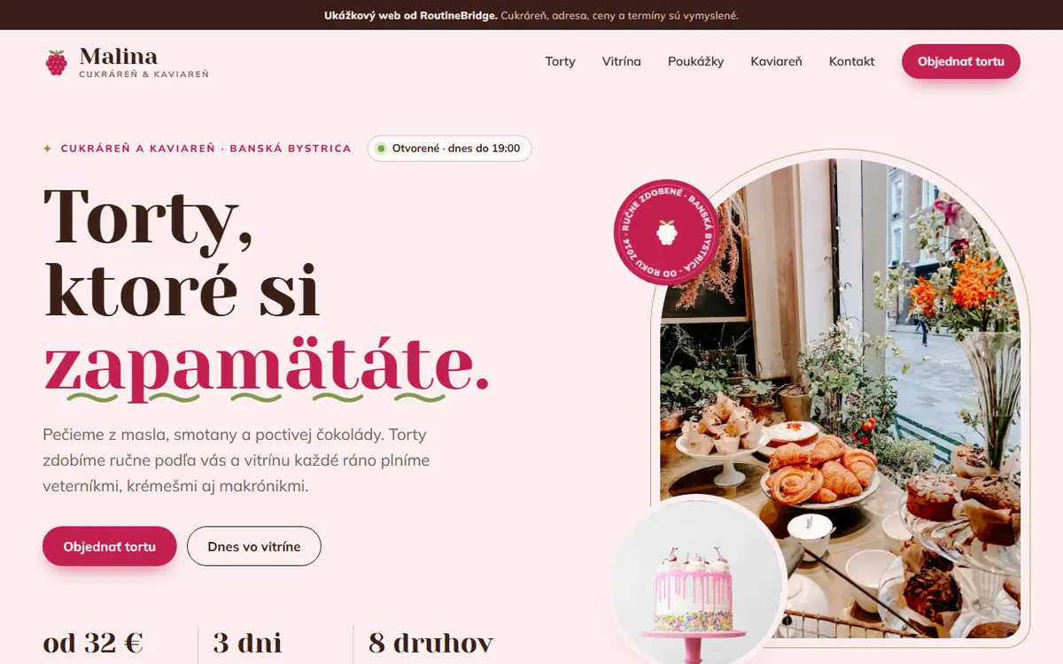 Home screen of the Cukráreň Malina demo website
