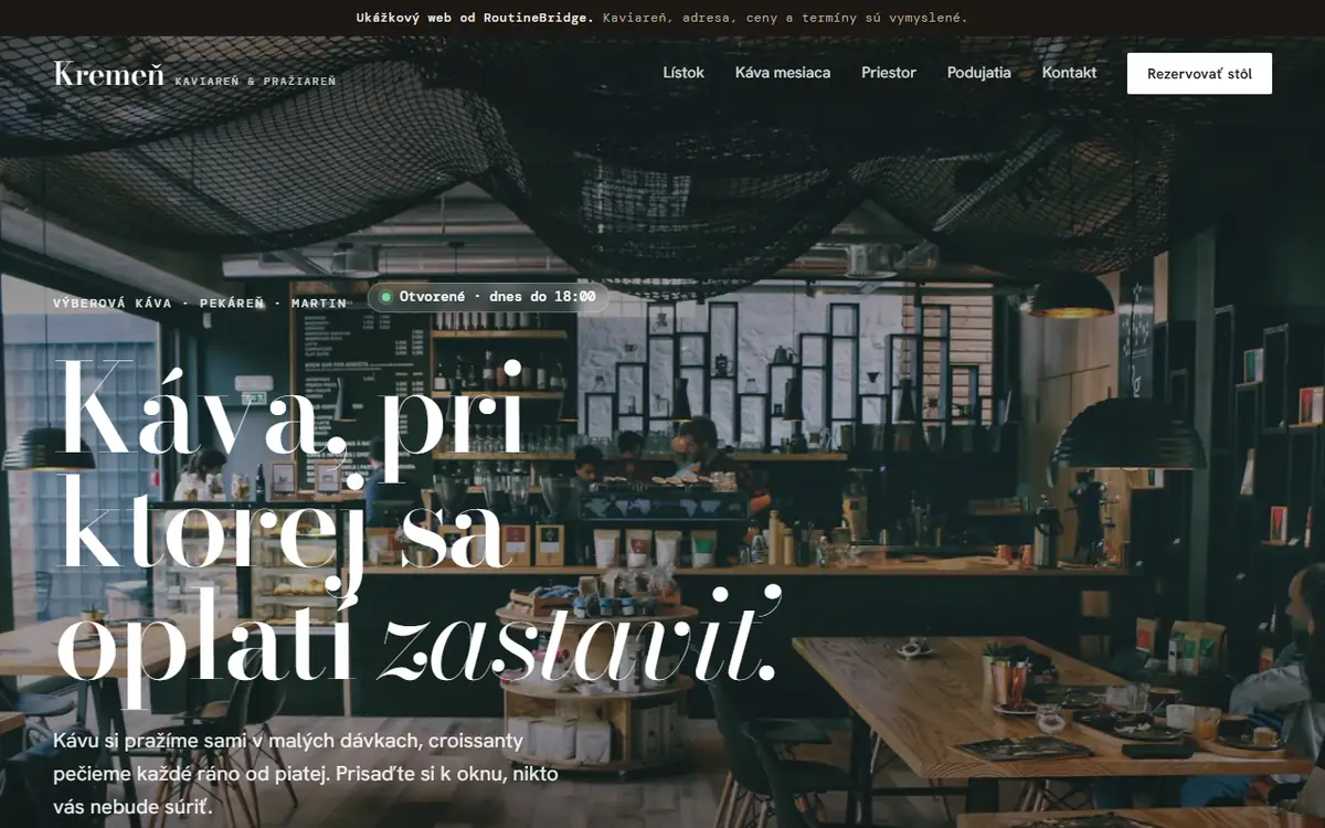Home screen of the Kaviareň Kremeň demo website